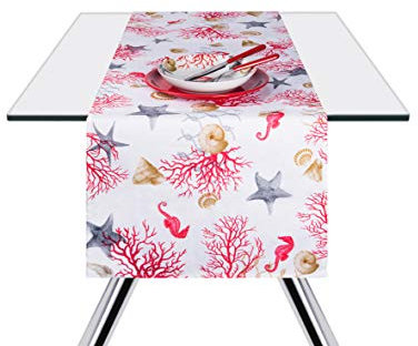 Excelsa Coral Tischläufer, Baumwolle, Weiß mit Korallendekor, 45x140