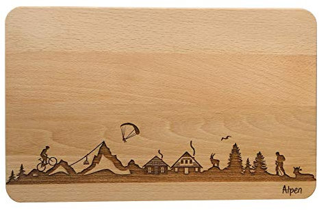 SNEG Brotzeitbrett Alpen Skyline | Frühstücksbrettchen aus Buche | Holz Schneidbrett | Geschenk mit Gravur | Frühstücksbrett (Standard (22x14x1cm), 1. ohne persönlicher Gravur)