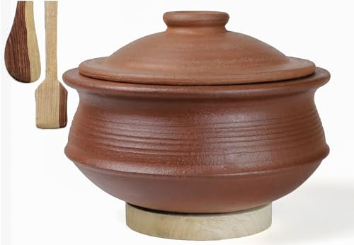 Craftsman India Clay Pottery Earthen Handi/Biryani Pot for Cooking with Lid_Unglazed (RED, 2 Liter)