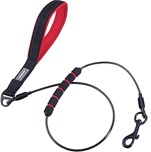 VIVAGLORY Hundeleine Edelstahl Toughbite Hundeleine Bissfest, Welpenleine Führleine mit Doppelgriff & 2 Griffen für Hausleine Joggingleine, Kette Metall Edelstahl & Bissfest für Hunde, 120cm, Schwarz