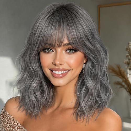 YEESHEDO Damen Perücke Grau, Holz Grau Kurze Bob Gewellte Perücken für Frauen mit Pony Synthetik Cosplay Halloween