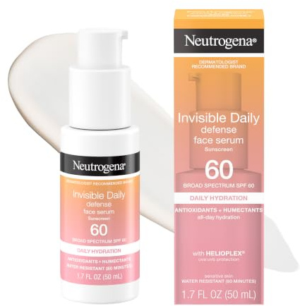 Neutrogena Invisible Daily Defense Broad Spectrum SPF 60, Antioxidants for Skin Glow, Hydrating Face Sunscreen Serum, Water Resistant (80 minutes), Oil-Free, Fragrance Free, Non Comedogenic, 1.7 Fl Oz