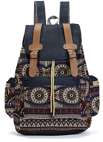 Yushu Frauen Canvas Rucksack Ethno Rucksack Bohemian Daypack Schultasche Tragbare Tasche Studenten Rucksack Sport Reiten Rucksack Schuhe Kleidung Organizer Pack