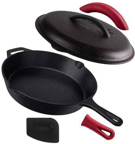 Gusseisen-Pfanne mit Deckel, 30.5 cm, voreingebrannte Bratpfannen-Set, Silikongriff und Deckelhalter, Schaber/Reiniger – für den Innen- und Außenbereich, Campingfeuer, Grillsicheres Küchengeschirr
