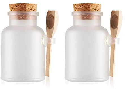 TIANZD 2 Pack 300ml Matte Plastic Bath Salt Storage Jars with Cork and Wooden Spoon Empty Kitchen Storage Container for Bath Salt Scrub Mask
