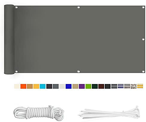 HERILIOS Balkon Sichtschutz, Balkonabdeckung 220 g/m² Innen Balkonverkleidung UV-Schutz (210Größen&21Farben) Ohne Bohren mit Ösen Kabelbinder und Kordel für Balkongeländer Terrasse,100X300CM Grau