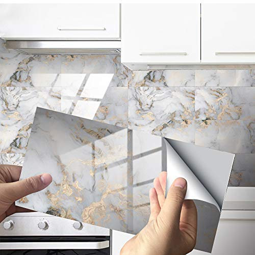 Hiser 4 Piezas Pegatinas de Baldosas, Azulejos de Vinilo para Cocina y Baño, Decoración de Adhesivo de Azulejo para Mármol, Pegatinas de Baldosas Bricolaje para Impermeable (Dorado,30x15cm)