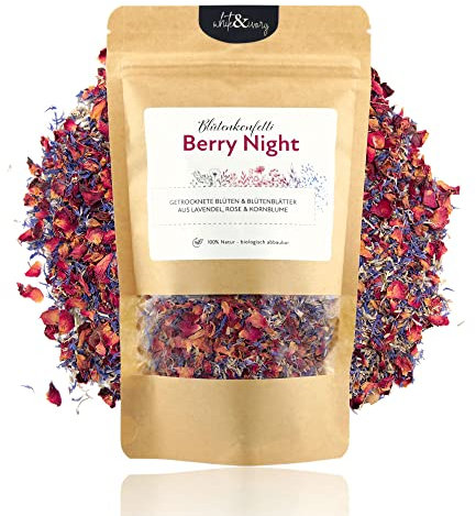 Natürliches Blütenkonfetti Hochzeit Berry Night aus getrockneten Blütenblättern - Duft-intensiv - 100% biologisch abbaubar - Streublumen Mischung Lavendel, Rose und Kornblume (30g / 0,5 Liter)