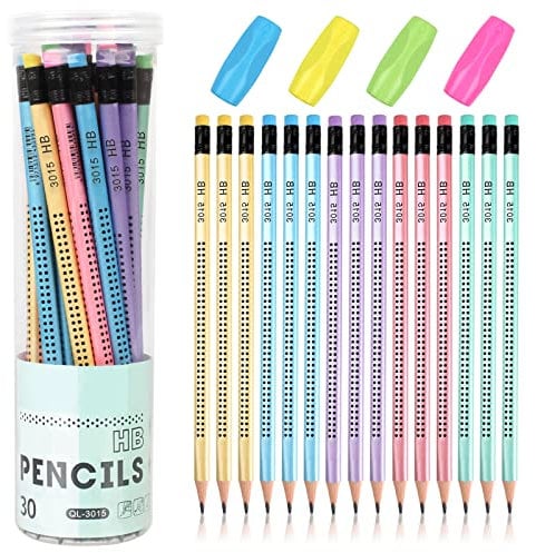 Ailvor HB Bleistifte, 30 Stück Bleistift mit 4 Stück Schreibhilfe, Bleistift Kinder mit Radiergummi für Schule Büro, Schreiben Skizzieren Zeichenwerkzeuge