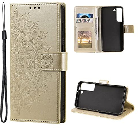 CoverKingz Handy Case kompatibel mit Samsung Galaxy S22+ (Plus) - Handy Cover mit Kartenfach Phonecase - Smartphone Hülle klappbar Motiv Mandala Gold