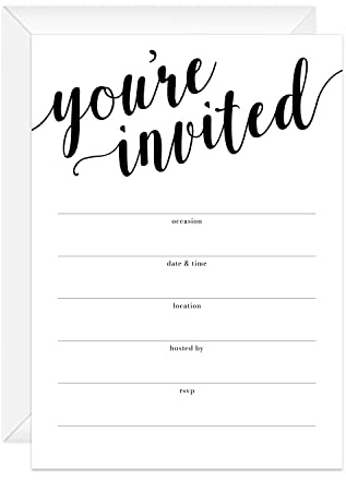 Canopy Street Black And White All Occasion Script Invitations / 25 Fill In General Use Invites / 5 x 7 Flat Modern Shower Party Or Event Invitation/Made In The USA