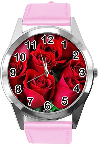 TAPORT Baby Pink Leather Round Watch for Flowers Fans e2