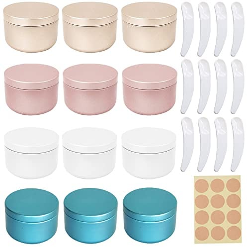 CONNECTION 12 PCS Aluminum Tin Jars 50ml Travel Pots for Toiletries Lip Balm Containers Cosmetic Jars Sample Pots Cream Container Tin Pot for Lotions Lip Balm Cream Candle (Gold Pink White Blue)