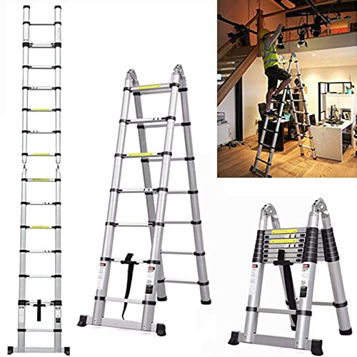 Royalswill 3.8M Telescopic Ladder 12.5FT Extension 1.9M+1.9M A-Frame Multi-Purpose Folding Aluminium Telescoping Lightweight Portable Loft Ladders, 330lb Capacity, EN131, Silver