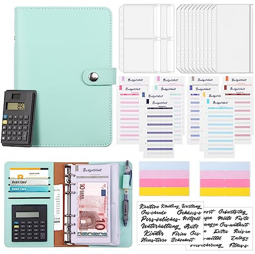 A6 Budget Binder with Calculator Budget Planner German Leather Budget Binder Money Organiser with 12 Cash Envelopes and Budget Sheets (Makrone blau)