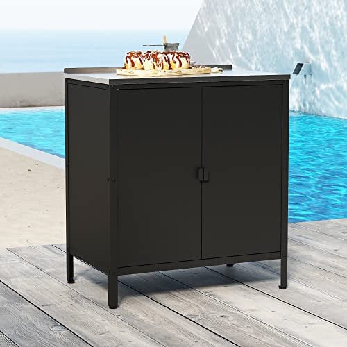 casa.pro Armoire Basse de Jardin Meuble de Rangement pour Extérieur et Intérieur Placard Polyvalent avec Portes et Étagères pour Terrasse ou Balcon Acier Laqué 92 x 80 x 50 cm Noir Mat