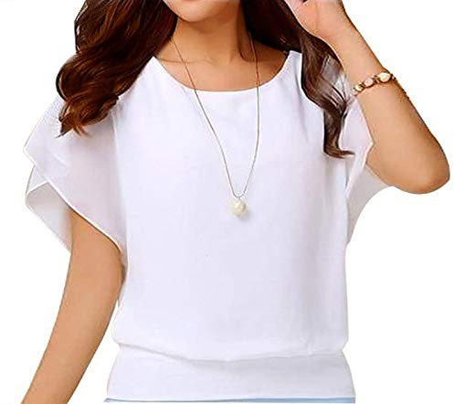 Yommay Damen Chiffon Tops Kurzarm Locker Leicht Blusen Lässige T-Shirts | Ladies Elegante Shirts Fledermaus Ärmel Flowy Oberteile Weich Rundhals Atmungsaktiv Basis Damen Tees Alltag Working/Casual