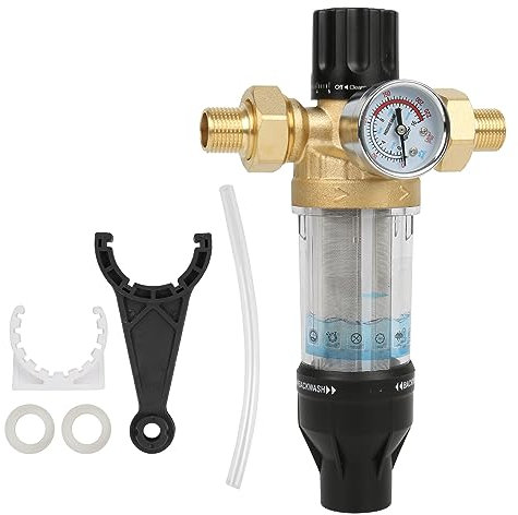 AYYDS Backwash Filter, Water Filter with Pressure Gauge, Reusable, Water Pre-Filter Sediment Filter, Spin Down Sediment Water Filter, Flushable Fine Filter (1 Inch with 3/4 Inch Adapter), Brass