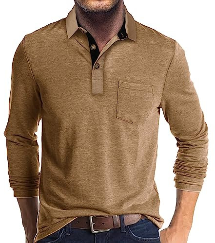 Mens Polo Shirts Long Sleeve Tops Casual Shirt Golf Top Cotton Tee Basic T-Shirt Knitted Buttons Khaki L