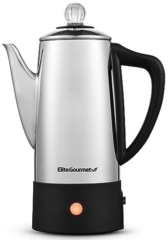 Elite Gourmet EC140 Percolador eléctrico de café de 6 tazas con mantener caliente, perilla de progreso de preparación transparente, mango de tacto frío, servicio sin cable, acero inoxidable