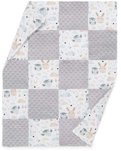 ELIMELI Minky Babydecke Kuscheldecke Krabbeldecke - super weichem Minky Dots Polar Fleece und Baumwolle mit Füllung | Baby Decke 74x92 hoch Qualität (Patchwork Grau - Hase)