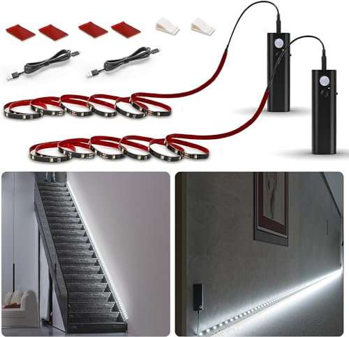 WOBANE Tira Led Pilas con Sensor de Movimiento, 2 x 2m Tiras Led Bateria Recargable USB, Tira Led Armarios, Tira Luces Led Adhesivas para Escaleras,Cocina,Pasillos,Despensa, Blanco Frío 6000K