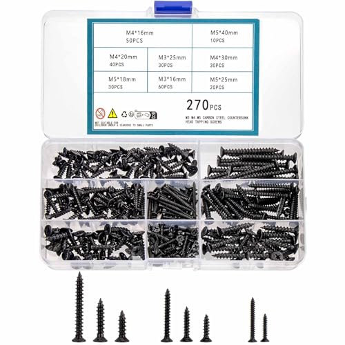 QOOSIKICC Ensemble de 270 vis autotaraudeuses M3 M4 M5, visser à tête cruciforme plate noire pour tôles, vis à bois autotaraudeuses à tête fraisée pour bois Plastique métal doux (M3M4M5)
