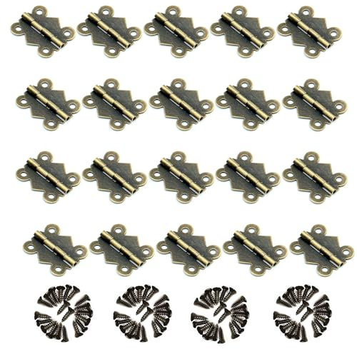Lot de 20 charnières de 20 x 25 mm en forme de papillon antique en bronze pour travaux manuels, boîte cadeau, armoire, tiroir, boîte à bijoux et 80 vis