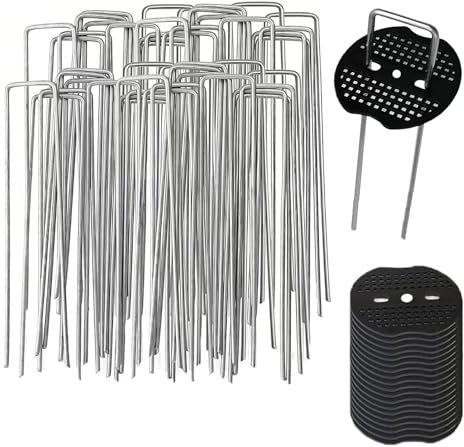 Weed Control Membrane Pegs - 50 Ground Pegs Tent Garden Pegs, U-Shaped Securing Stakes Metal Pins Weed Mat Pegs+50 Buffer Washer, Landscape Staples for Fabric, Matting, Netting, Hoses, Artifical Grass