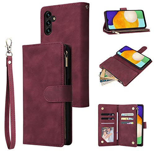 QLTYPRI Hülle für Samsung Galaxy A15 5G/4G, Premium Leder Handyhülle mit Große Kapazität 6 Kartenfach & 1 Reißverschluss Tasche Ständer Schutzhülle für Samsung Galaxy A15 - Rot