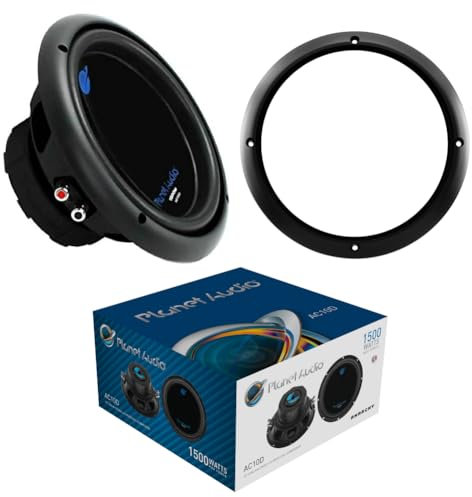 KIT SET PER PLANET AUDIO AC10D 1 subwoofer da 25 cm 250 mm 10, 750 watt rms e 1500 watt max, dvc, dual voice coil, doppia bobina 4 ohm, per auto, o in cassa, 1 pezzo + anello di montaggio
