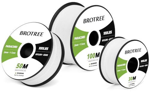 Brotree Paracord 2mm 50M Cuerda Nylon 1 Hebra Cuerda Paracaídas Tipo I para Exterior, Pulseras, Bricolaje - 45 kg Carga de Rotura (Blanco)