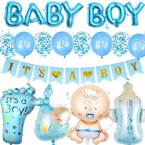 Xietaea Babyparty Deko Junge Blau - 30 Stück Baby Shower Deko mit Its A Boy Banner Baby Boy Luftballons Konfetti Ballons, Babydusche Gender Reveal Party Neugeborenen Willkommen Party Dekoration