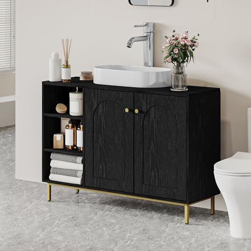 Hzuaneri Meuble sous Lavabo, Meuble de Rangement pour Salle de Bain, pour Évier avec Étagère Ouverte et 2 Portes, Étagère Réglable, pour Salle de Bain, Noir BC09804G