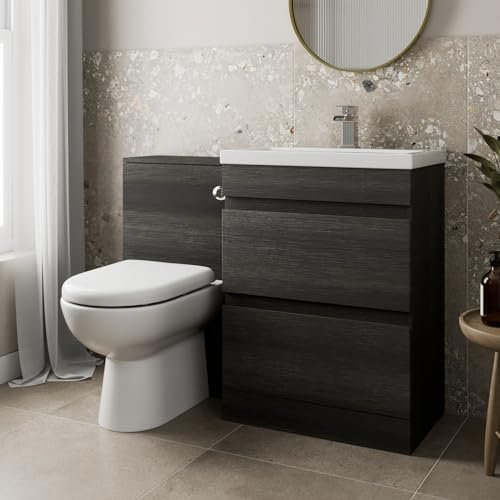 Artis 1100mm L Shape Bathroom Vanity Sink Unit Furniture Storage Woodgrain Vanity Unit + Basin + Ceramic D Shaped Toilet with Concealed Cistern