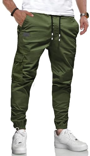 LIUPMWE Pantalones de Trabajo Hombre Casual Elásticos Jogging Pantalón Algodón Slim Fit Cargo Pants con Bolsillos Otoño Inviernos,Verde Militar-02,L