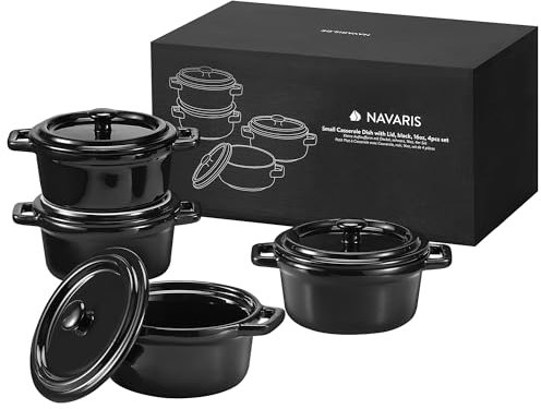Navaris Mini Cazuelas de Cocina - 4x Cacerola Horno con Tapa de Cerámica - Cazuelitas Individuales 17 x 13 x 8 cm - Cacerolas para Lasagna Postres Sopas - 4x Cazuela Cocotte Negra