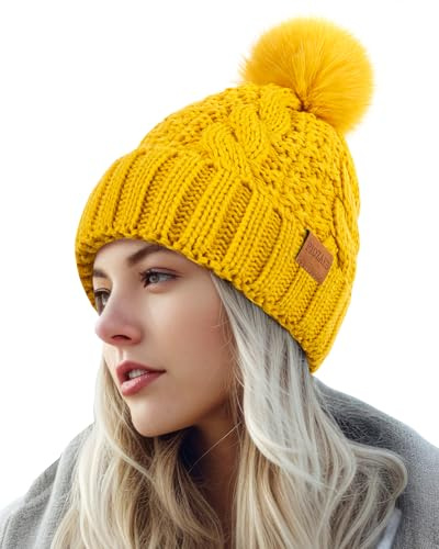 PIOZAED Women's Winter Pompom Beanie Warm and Cozy Knit Hat Fleece Lining Skull Cap for Women