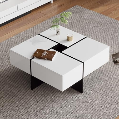 BTM Coffee Table, White Coffee Table with 4 Drawers, Square Coffee Table with Storage for Living Room, High Gloss Coffee Table 70x70x35cm