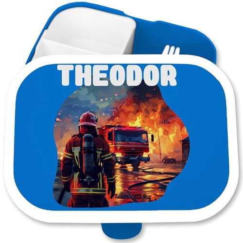 Campus Mepal - Feuerwehrmann mit Name | Feuerwehr Brotdose | Feuerwehr Geschenke für Kinder Personalisiert - 750 ml - Blau - kinderbrotdosen kindergarten feuerwehrauto lunchbox
