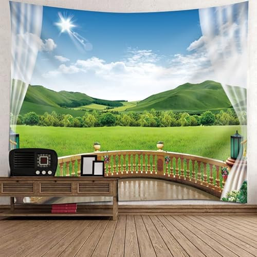 Dsnyu Wandteppich Rechteckig, Wandbehang Grün Balkon Wiesen und Hügel Wandtuch für Wohnzimmer Wohnheim Heimdekoration Polyester 260x240cm