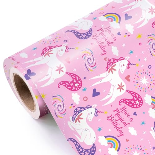 WRAPAHOLIC Rouleau de papier cadeau licorne rose – Mini rouleau de papier cadeau – 43,2 cm x 5,5 m – Have a Magical Birthday Gift Paper Parfait pour les anniversaires de filles, les fêtes prénatales,