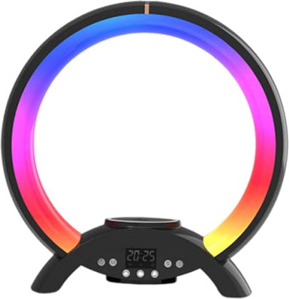 Nachttischlampe mit Ladefunktion, Lautsprecher mit Ladefunktion, LED-Umgebungsbeleuchtung mit Wecker, Kabellosem Ladegerät Atmosphärenlampe, Wake-up AtmosphäRenlampe über USB Angeschlossen (Schwarz)