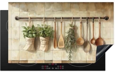 KitchenYeah© Protection Plaque Induction 90x52 cm Protege Deco Cuisine Cache Protège De Cuisson Accessoires Bois - Ustensiles de Cuisine - Nature Morte - Carreaux de Faïence