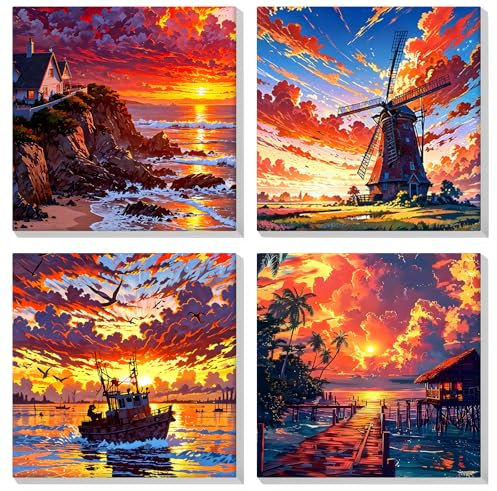 MOGTAA 4 Pack Peinture Numero Adulte avec Cadre, Paysage Peinture par Numero Adulte, DIY Paysage Numéro d'Art Kits, Loisirs Créatifs Adultes, pour décoration d'intérieur, 20x20cm