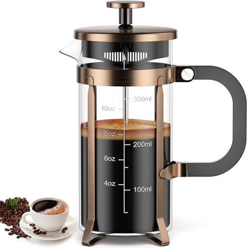 VOSFEEL Prensa francesa portátil con sistema de filtración de 4 capas, Cafetera francesa 350ml, Apto para lavavajillas,Bronce