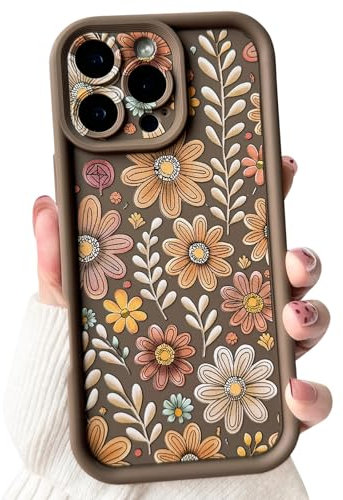 NITITOP Compatible with iPhone 16 Pro Case Cute Color Flower Floral Design for Women Girls Aesthetic Leaves Pattern Full Camera Soft TPU Shockproof More Protective Cover - Brown