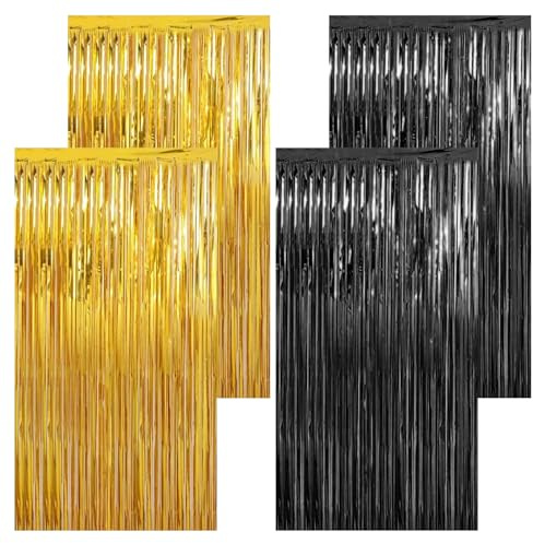 EXIN DEHCEN 4 Stück Glitzervorhang Lametta Vorhang Gold + Schwarz, 1M X 2M | Glitzer Vorhang Geburtstag, Selbstklebend Lametta Vorhänge, Vorhänge Glitzervorhang für Disco Party Hochzeit Party Dekoration