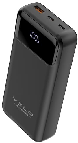 VELD 20,000mAh 65W Power Bank – Fast Portable Charger with 2 USB-C PD & 1 QC 3.0 Port – Compatible with Laptops, Phones, Tablets – Includes USB-C Cable – 2-Year Warranty (65W)