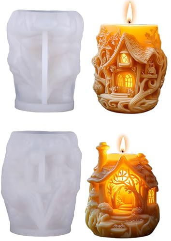 JS MOLD 2 Stück Silikonformen Gießformen Häuser,3D Silikon Weihnachten Kerzenform,Weihnachtshaus Kerzenformen zum Gießen,Weihnachten Kerzen Selber Machen Set,Weihnachtsbaum Silikonform